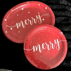 'Merry' Christmas Red Party Plates Lot of 2 Different Sizes